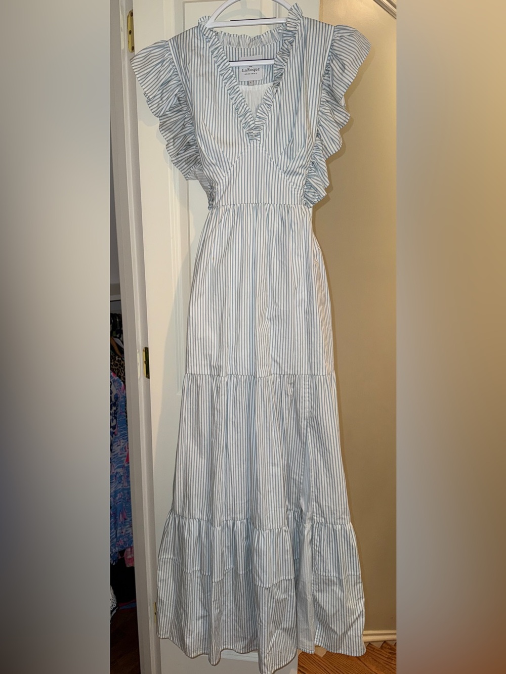 LaRoque Light Blue Stripe Ruffle Maxi Dress, gorgeous, EUC!